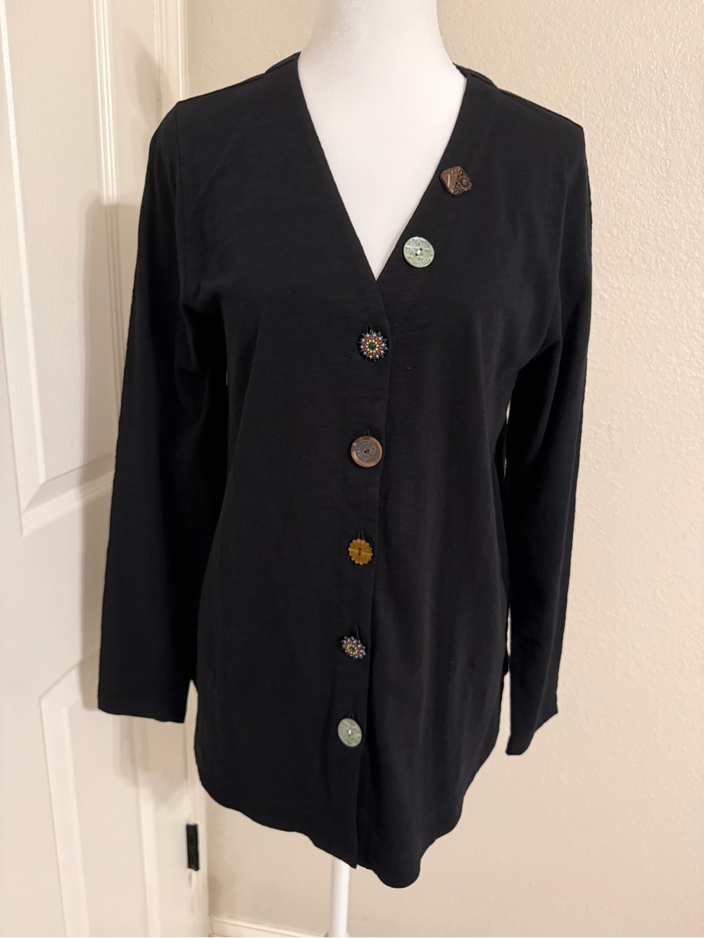 Soft Surroundings Black Long-Sleeve Button Cardigan with Mixed Buttons